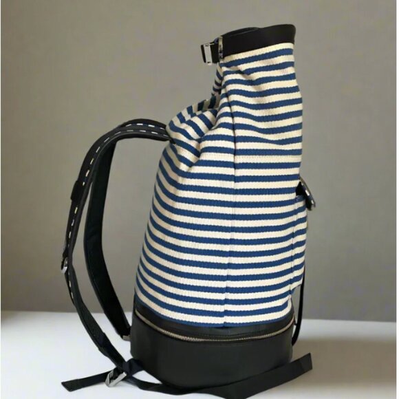Want Les Essentiels Backpack Roll Top Duffel XL Blue Canvas Leather Stripe - Picture 2 of 11